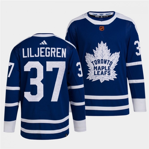 Men's Toronto Maple Leafs Black #37 Timothy Liljegren Blue 2022 Reverse Retro Stitched Jersey