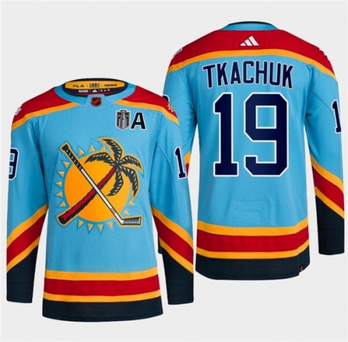 Men's Florida Panthers #19 Matthew Tkachuk Blue 2024 Stanley Cup Final Patch Reverse Retro Stitched Jersey