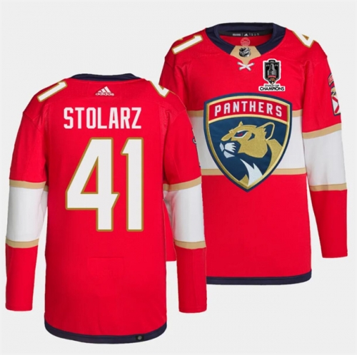 Men's Florida Panthers #41 Anthony Stolarz Red Home 2024 Stanley Cup Champions Stitched Jersey