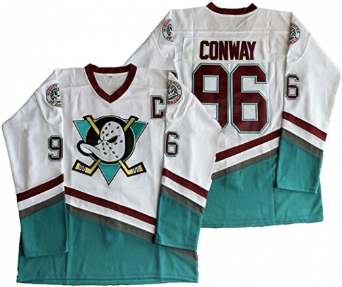 Men's Anaheim Ducks #96 Charlie Conway Mighty Ducks Movie 1995-96 White Green Ice Hockey Jerseys