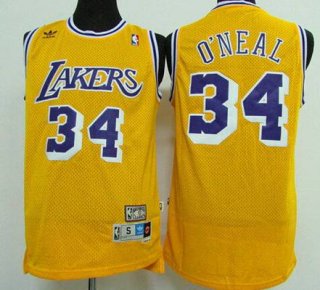 Men's Los Angeles Lakers #34 Shaquille O'neal Yellow Hardwood Classics Soul Swingman Throwback Jersey