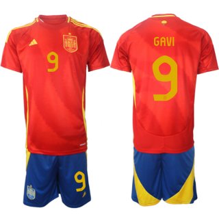 Men's Spain Team #9 Gavi 2024-25 Red Home Soccer Jersey Suit