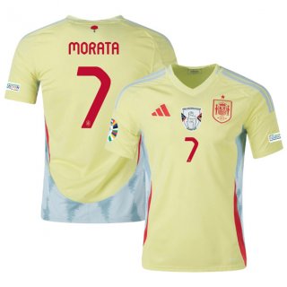 Men's Spain Team #7 Alvaro Morata Yellow 2024 Away Soccer Jersey