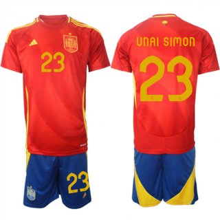 Men's Spain Team #23 Unai Simón 2024-25 Red Home Soccer Jersey Suit