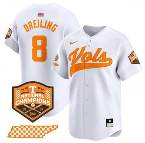 Men's Tennessee Volunteers #8 Dylan Dreiling White 2024 Champions Vapor Limited Stitched Jersey