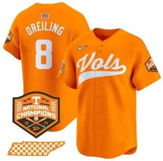 Men's Tennessee Volunteers #8 Dylan Dreiling Orange 2024 Champions Vapor Limited Baseball Stitched Jersey