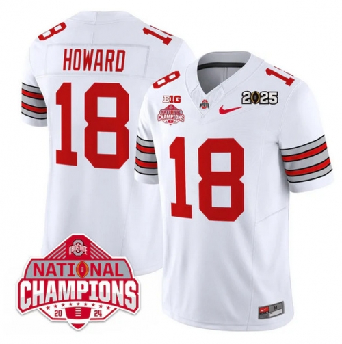 Men's Ohio State Buckeyes #18 Will Howard White 2025 CFP Final With National Champions Patch F.U.S.E. Vapor Limited Stitched Football Jersey