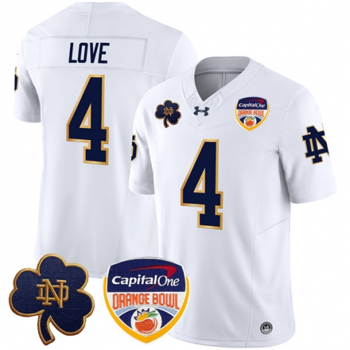 Men's Notre Dame Fighting Irish #4 Jeremiyah Love White F.U.S.E. 2024 Orange Bowl Patch Limited Stitched Football Jersey