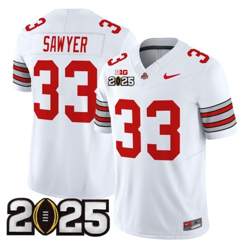 Men's Ohio State Buckeyes #33 Jack Sawyer White 2025 CFP Final Patch F.U.S.E. Vapor Limited Stitched Football Jersey