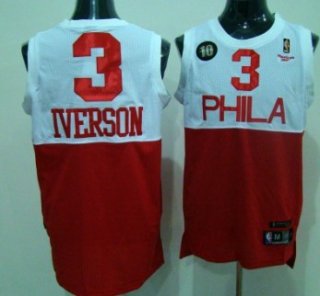 Philadelphia 76ers #3 Allen Iverson White With Red 10TH Swingman Jersey