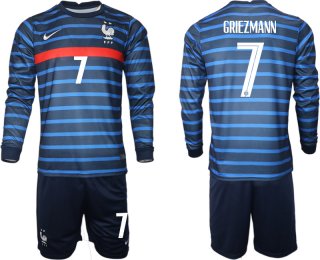 Men 2021 European Cup France home blue Long sleeve 7 Soccer Jersey