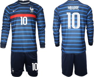 Men 2021 European Cup France home blue Long sleeve 10 Soccer Jersey