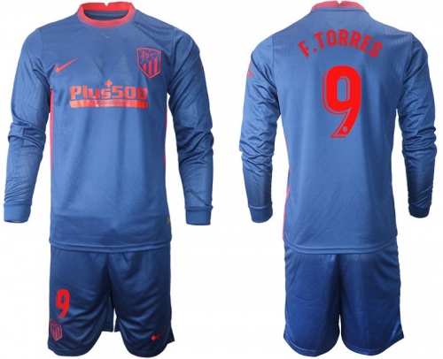 Men 2020-2021 club Atletico Madrid away long sleeves 9 blue Soccer Jerseys