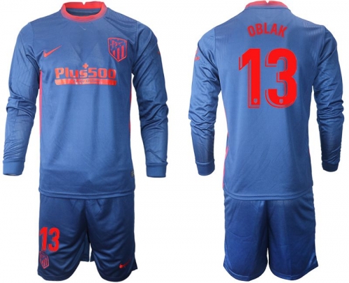 Men 2020-2021 club Atletico Madrid away long sleeves 13 blue Soccer Jerseys