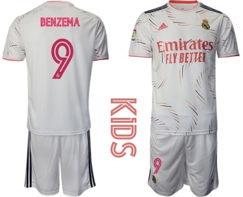 Youth 2021-2022 Club Real Madrid home white 9 Adidas Soccer Jersey