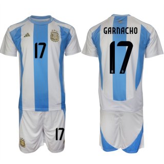 Men's Argentina #17 Alejandro Garnacho White Blue 2024-25 Home Soccer Jersey Suit