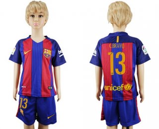 2016-17 Barcelona #13 C. BRAVO Home Soccer Youth Red and Blue Shirt Kit