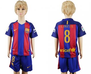 2016-17 Barcelona #8 A.INIESTA Home Soccer Youth Red and Blue Shirt Kit