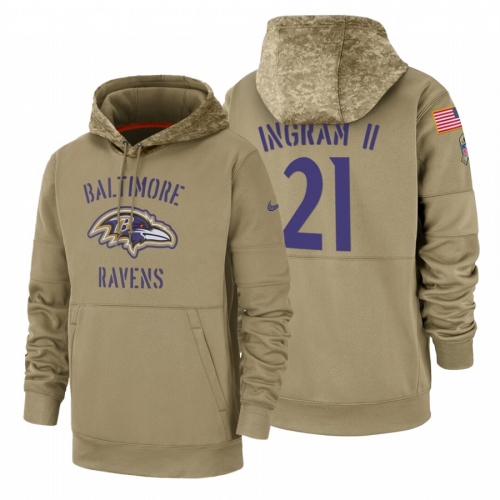 Baltimore Ravens #21 Mark Ingram II Nike Tan 2019 Salute To Service Name & Number Sideline Therma Pullover Hoodie