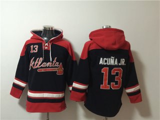 Men's Atlanta Braves #13 Ronald Acuña Jr. Navy Red Ageless Must-Have Lace-Up Pullover Hoodie