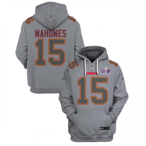 Men's Kansas City Chiefs #15 Patrick Mahomes Gray Super Bowl LVIII Patch Limited Edition Hoodie