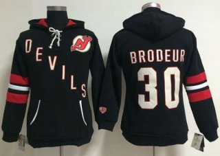 New Jersey Devils #30 Martin Brodeur Black Women's Old Time Heidi NHL Hoodie