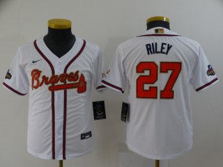 Youth Atlanta Braves #27 Austin Riley 2022 White Gold World Series Champions Program Cool Base Stitched Jersey