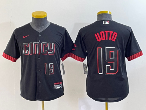 Youth Cincinnati Reds #19 Joey Votto Number Black 2023 City Connect Cool Base Stitched Jersey1