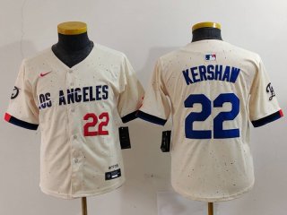 Youth Los Angeles Dodgers #22 Clayton Kershaw Number Cream 2024 City Connect Limited Stitched Jersey