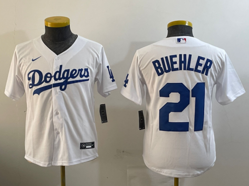 Youth Los Angeles Dodgers #21 Walker Buehler White Stitched Cool Base Nike Jersey