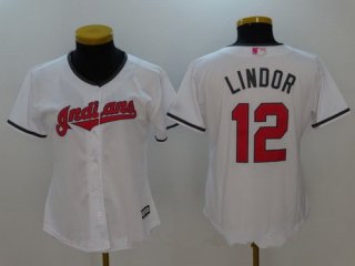 Women's Cleveland Indians #12 Francisco Lindor White With Pink Mother's Day Stitched MLB Majestic Cool Base Jersey