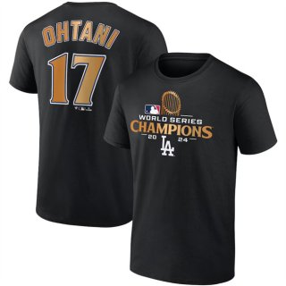 Men's Los Angeles Dodgers #17 Shohei Ohtani Black 2024 World Series Champions Name & Number T-Shirt