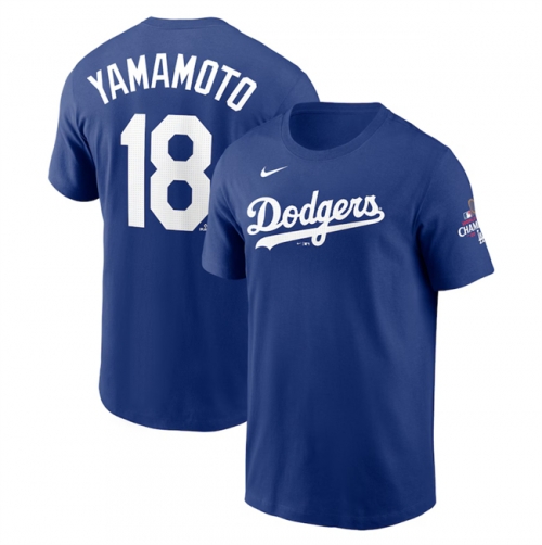 Men's Los Angeles Dodgers #18 Yoshinobu Yamamoto Royal 2024 World Series Champions Name & Number T-Shirt