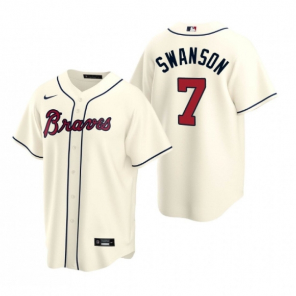 Men's Atlanta Braves #7 Dansby Swanson Cream Cool Base Stitched Jersey