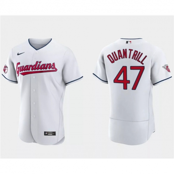 Men's Cleveland Guardians #47 Cal Quantrill White Flex Base Stitched Jersey