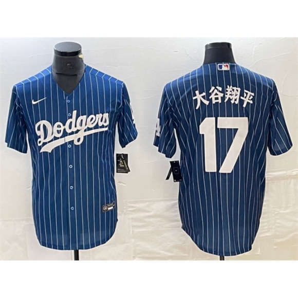 Men's Los Angeles Dodgers #17 Shohei Ohtani Navy Cool Base With Patch Stitched Baseball Jersey