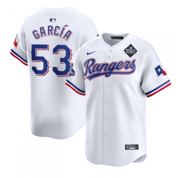 Men's Texas Rangers #53 Adolis Garcia White 2023 World Series Patch And Champions Patch Stitched Baseball Jersey