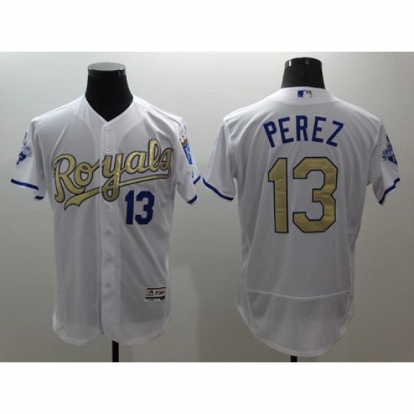 Royals #13 Salvador Perez White 2015 World Series Champions Gold Program FlexBase Authentic Stitched MLB Jersey