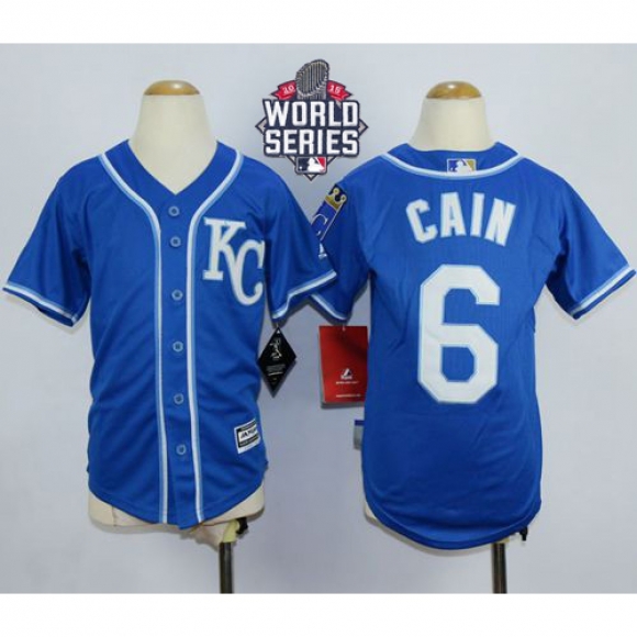 Royals #6 Lorenzo Cain Blue Alternate 2 Cool Base W/2015 World Series Patch Stitched Youth MLB Jersey