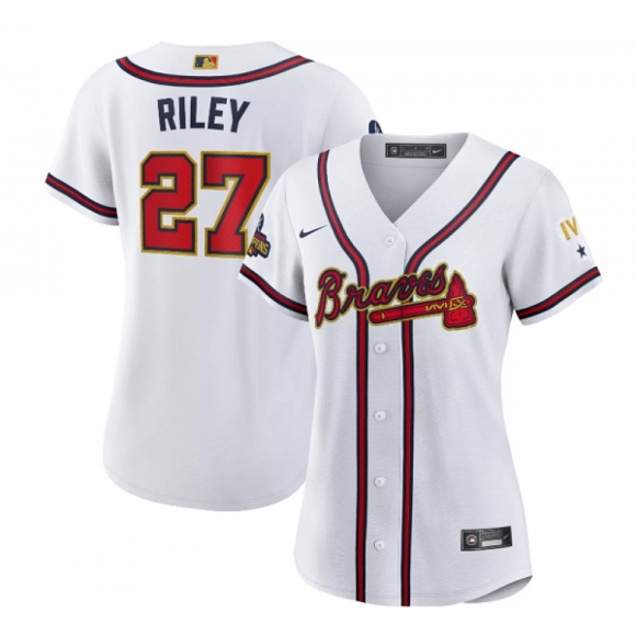 Women's Atlanta Braves #27 Austin Riley 2022 White/Gold World Series Champions Program Stitched Jersey(Run Small)