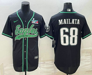 Men's Philadelphia Eagles #68 Jordan Mailata Black With Super Bowl LVII Patch Cool Base Stitched Baseball Jersey