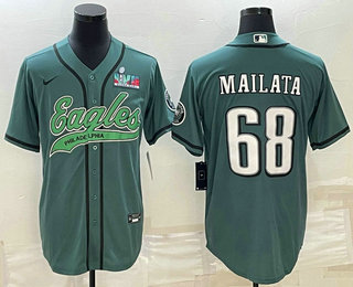 Men's Philadelphia Eagles #68 Jordan Mailata Green With Super Bowl LVII Patch Cool Base Stitched Baseball Jersey