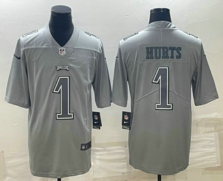 Men's Philadelphia Eagles #1 Jalen Hurts Gray Atmosphere Fashion Stitched Jersey