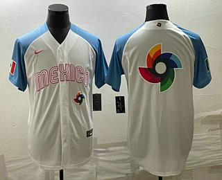 Men's Mexico Baseball Big Logo 2023 White Blue World Classic Stitched Jersey