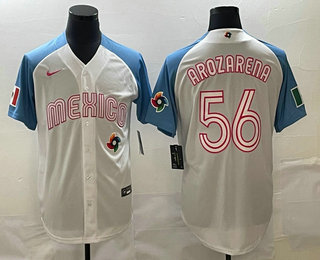 Men's Mexico Baseball #56 Randy Arozarena 2023 White Blue World Classic Stitched Jersey