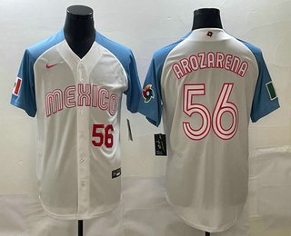 Men's Mexico Baseball #56 Randy Arozarena Number 2023 White Blue World Classic Stitched Jersey1