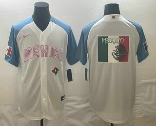 Men's Mexico Baseball 2023 White Blue World Big Logo Classic Stitched Jerseys