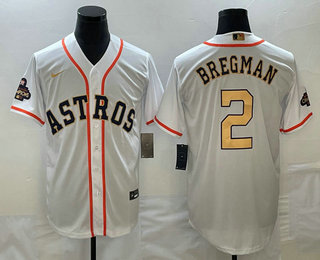 Men's Houston Astros #2 Alex Bregman 2023 White Gold World Serise Champions Patch Cool Base Stitched Jersey