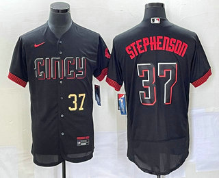 Men's Cincinnati Reds #37 Tyler Stephenson Number Black 2023 City Connect Flex Base Stitched Jersey 1