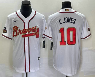 Men's Atlanta Braves #10 Chipper Jones 2022 White Gold World Series Champions Program Cool Base Stitched Baseball Jersey